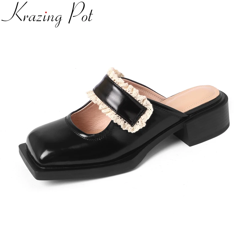 

Krazing Pot 2022 cow leather square toe shallow med heel summer shoes slip on elegant casual mules slingback party women sandals