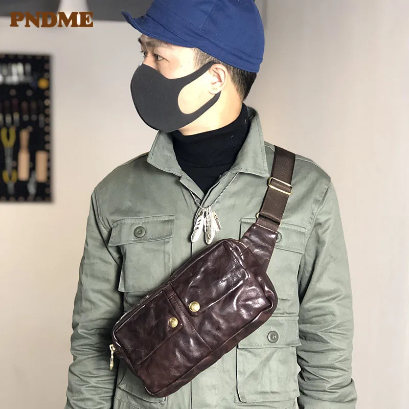 Fashion daily light genuine leather men's small chest bag casual vintage luxury natural real cowhide teens phone messenger bag