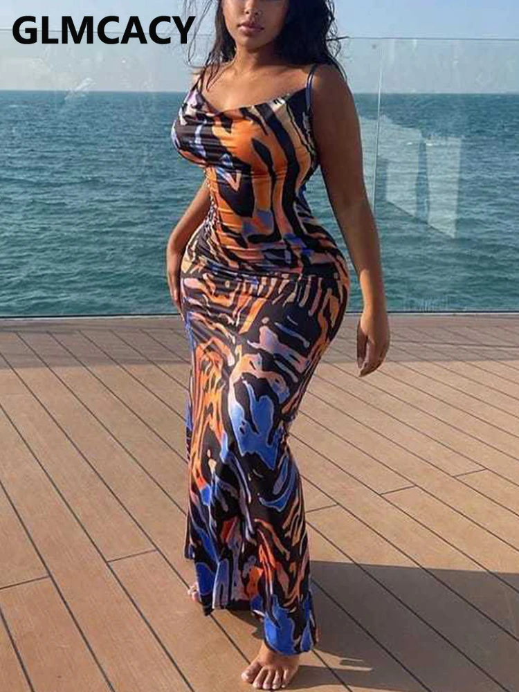 Women Spaghetti Strap Zebra Printed Bodycon Maxi Sleeveless Dress