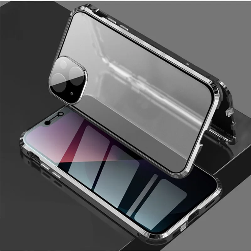 

Luxury Metal Bumper Magnetic Flip Case for Apple iPhone 13 Pro Max 12 Alloy Armor Full Temerped Glass Protector Phone Cover