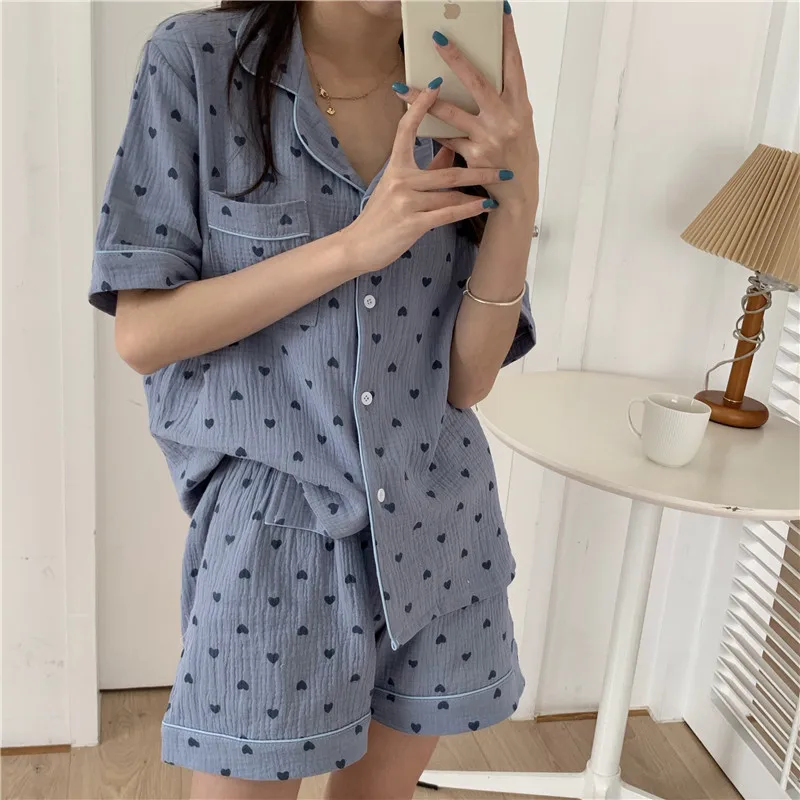 Heart Print Summer Pajamas Set 100% Cotton Single Breasted Shirts + Shorts Suit Sweet Kawaii Sleepwear Loose Homewear Vintage
