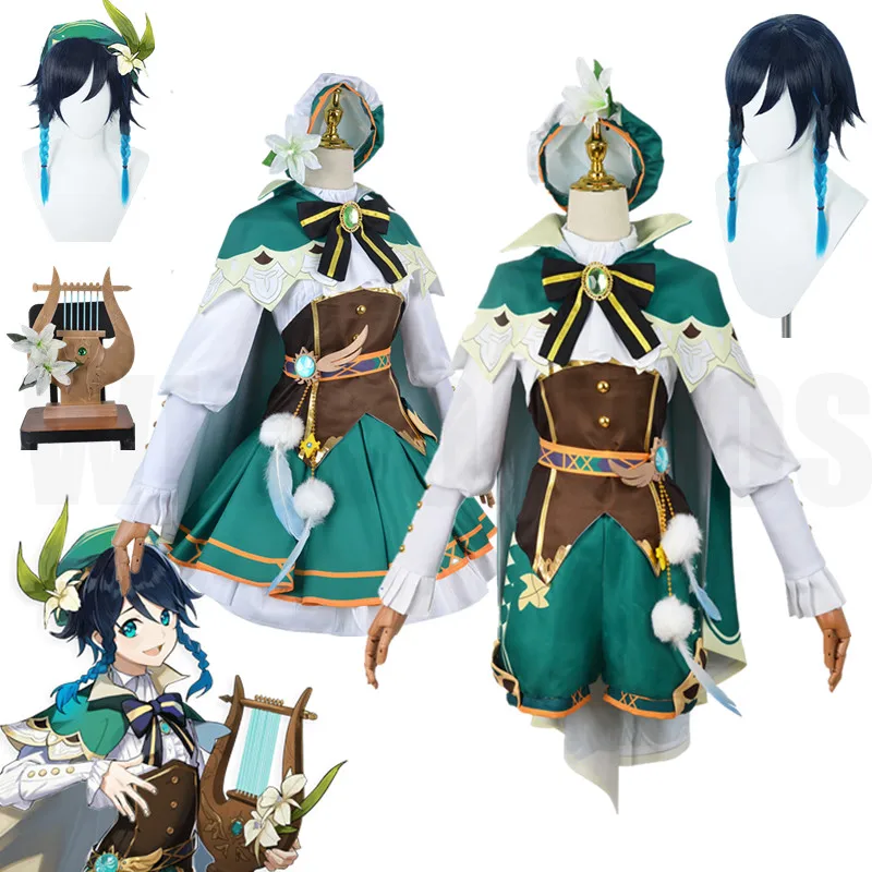 

Anime Game Genshin Impact Cosplay Venti Costume Party Dress With Wig Adult Women Halloween Carnival Cos Clothing Outfit