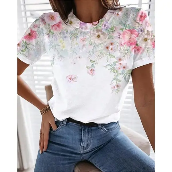 

T-Shirt Women's Floral Theme Painting T-Shirt Floral Graphic Print Round Neck Basic Tops Plus Size