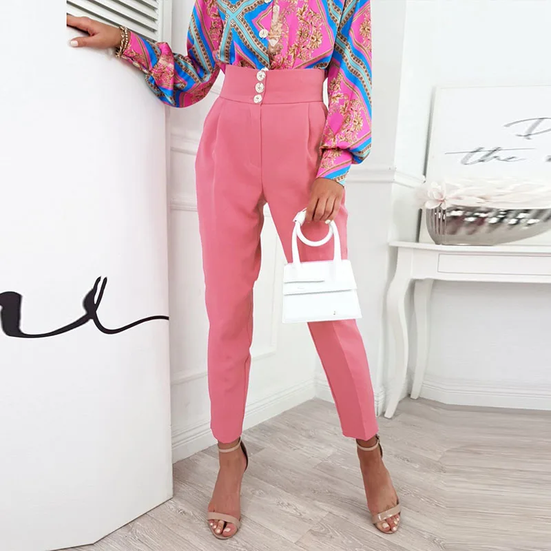 

Casual Commute Ladies Smocked Pocket Ankle-Length Pants New Office Solid Pencil Pants Elegant Women Button High Waist Suit Pants