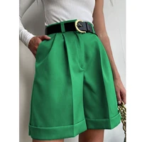 green shorts summer womens high waisted cuffed solid color wide leg pants overalls womens shorts casual five point pants
