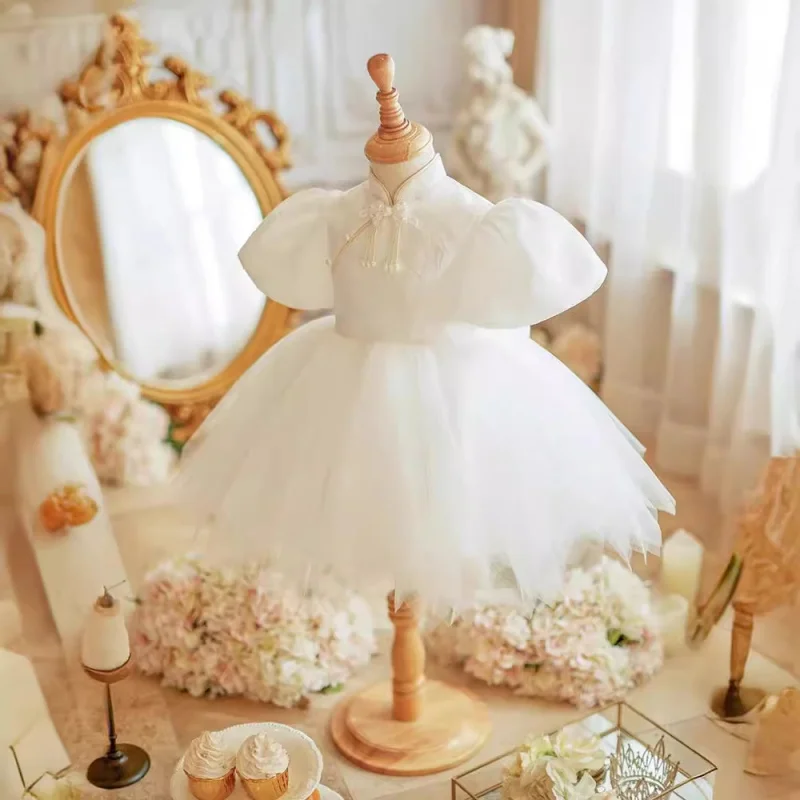 Праздничное платье для девочек в китайском стиле детское белое Cheongsam