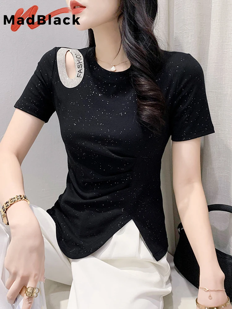 

MadBlack Summer Euroepan Clothes Round Collar Tshirts Woman Sexy Hollow Out Letter Diamonds Slit Slim Tops Short Sleeves T35255C
