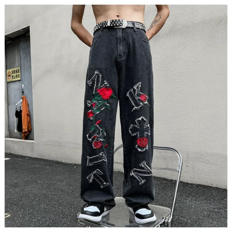 

Джинсы мужские с вышивкой розы, европейские и американские уличные штаны в стиле хип-хоп, свободные брюки с широкими штанинами, Y2K