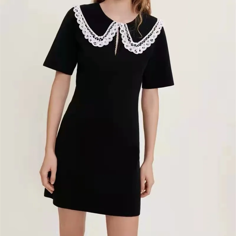 

Elegant Peter Pan Collar Mini Dress Women Vintage Fashion Lace Patchwork Office Lady Dresses Summer Casual Vestidos French Brand