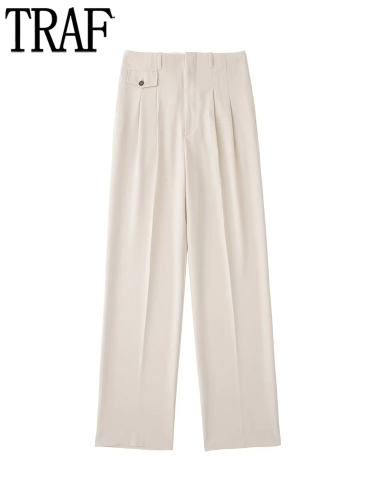 

TRAF Beige Pleated Pants Women Masculine Mid Waist Trousers Women Streetwear Baggy Pants for Women Fall Straight Leg Woman Pants