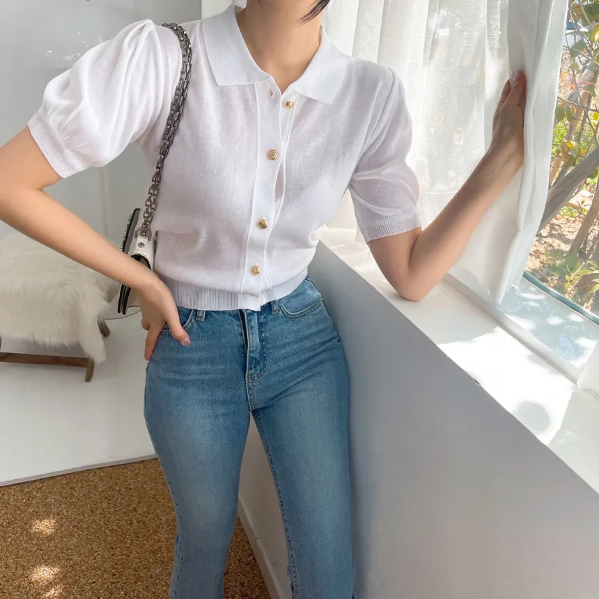 

Ladies Cardigans Knitted Puff Female Women Tshirt Fashion Top Korean Sleeve Summer Vintage Single-breasted Knit Sweater Cardigan