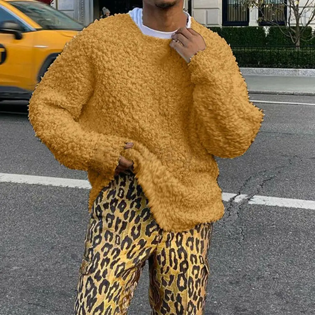 

Мужская модная толстовка, однотонный плюшевый пуловер, Зимние Повседневные свитера с длинным рукавом и круглым вырезом для мужчин, уличная ...