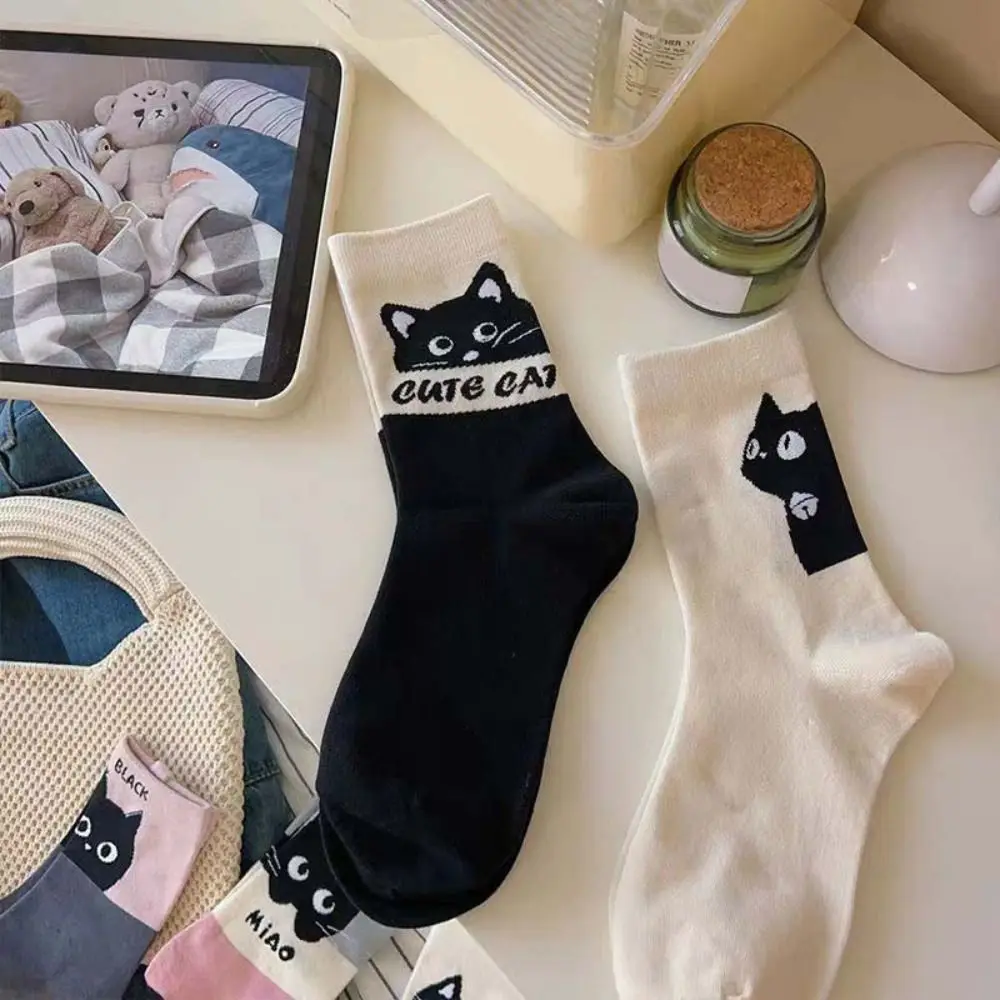 Мягкие носки до щиколотки с милым котом лоскутные надписью мультяшные аниме
