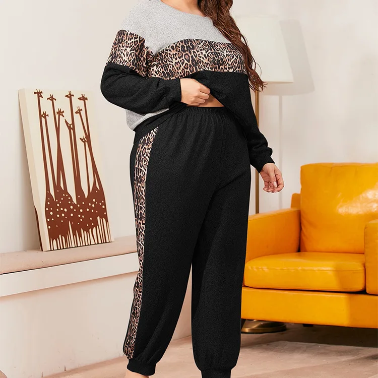 Autumn and Winter Plus Size Women's Casual Suit French Velvet Leopard Print Long-sleeved Trousers with Contrast Stitching