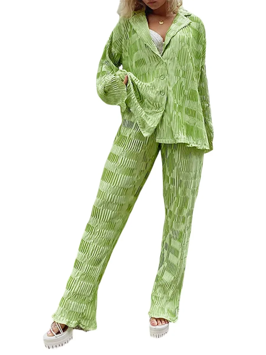 

2 Piece Outfits for Women Lapel Long Sleeve Ruched Button Down Shirt Long Pants 2000s Clothes