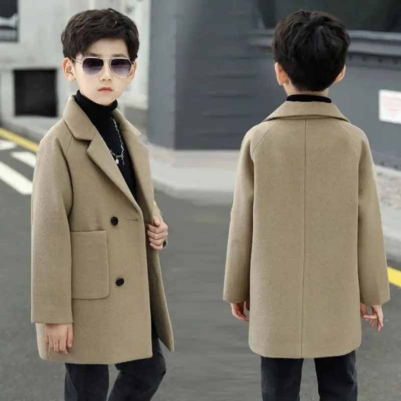 

2022 New Fashion Boy Woolen Coat Children's Jacket Teenage Slim Thick Plus Cotton Winter Coat For Bigs Boys High Quality 5-14T