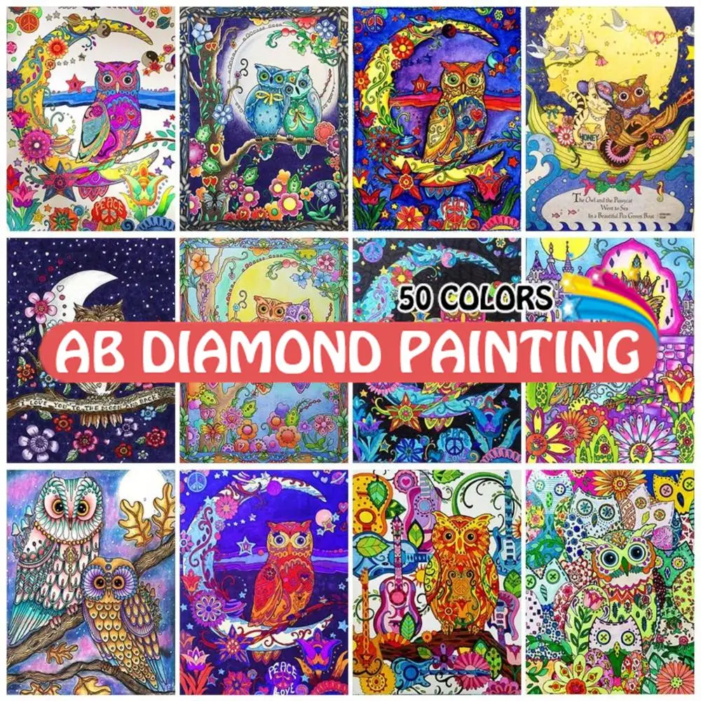 

Diamond Painting 50 Colors 5D Owl Colorful AB Rhinestone Mosaic Embroidery Animal Kit Diy Cross Stitch For Children Art Decor