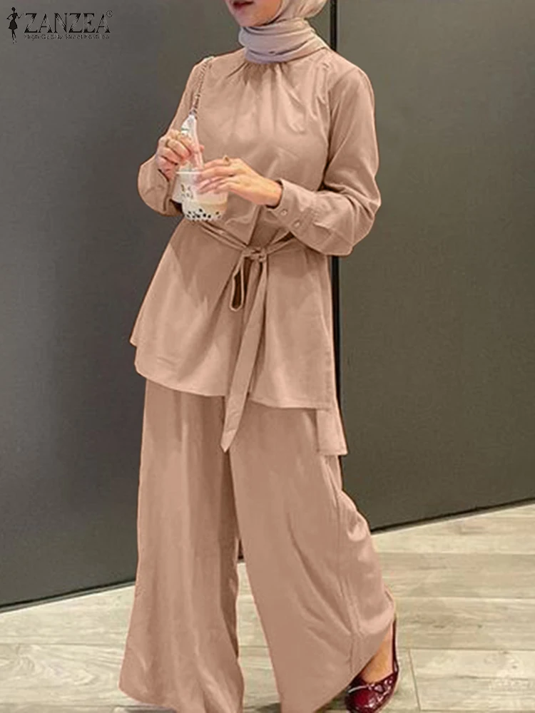 

ZANZEA Fashion Muslim Sets Women Long Sleeve Blouse Wide Leg Pants Sets Casual Islamic Clothing Dubai Turkey Abaya Outifits 2PCS