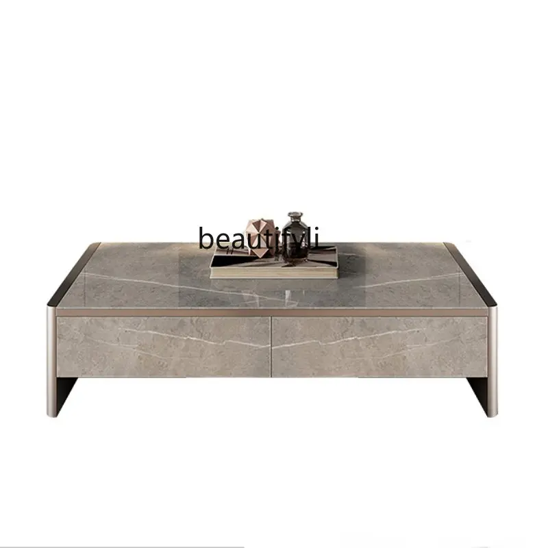 

LM Italian Style Light Luxury Bright Light Stone Plate Living Room Home Small Apartment Rectangular Glass Size Tea Table