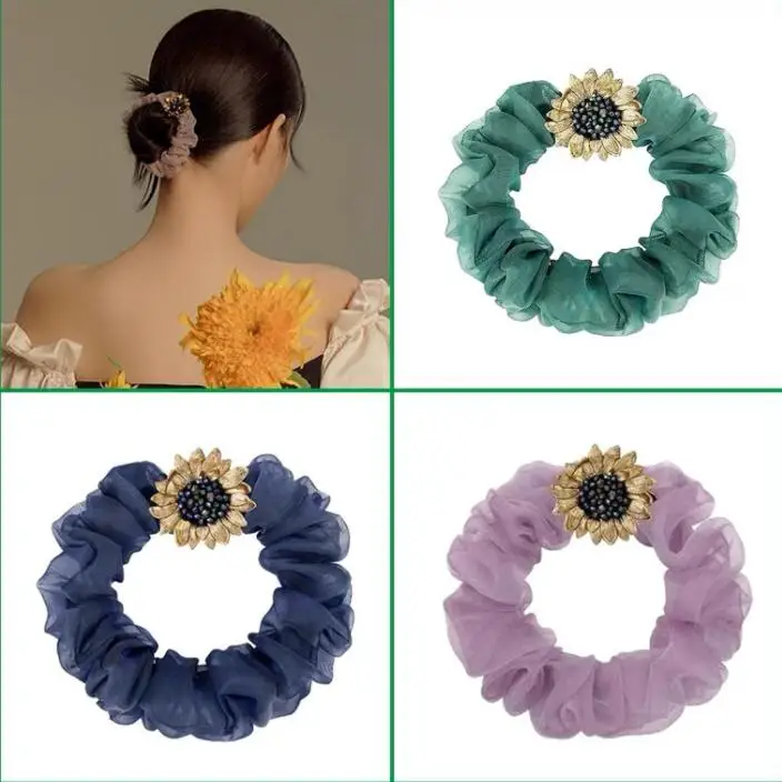 

mesh scrunchie sunflower Women Romantic Pink Blue Hair Rope Transparent Tulle Organza Hair Ties Hair Accessories Hair Band