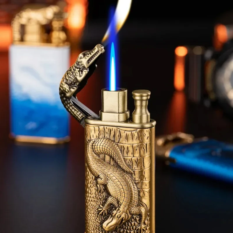 Креативная зажигалка с 3D тиснением под крокодила двойная металлическая