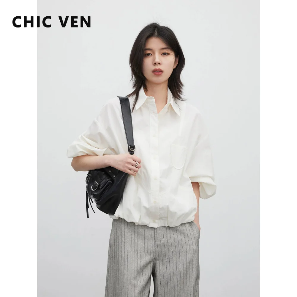 Фото CHIC VEN Новая женская рубашка свободного кроя с длинным рукавом, эластичным поясом, отложным воротником, женская блузка с длинными рукавами, короткая куртка, лето 2026 №1
