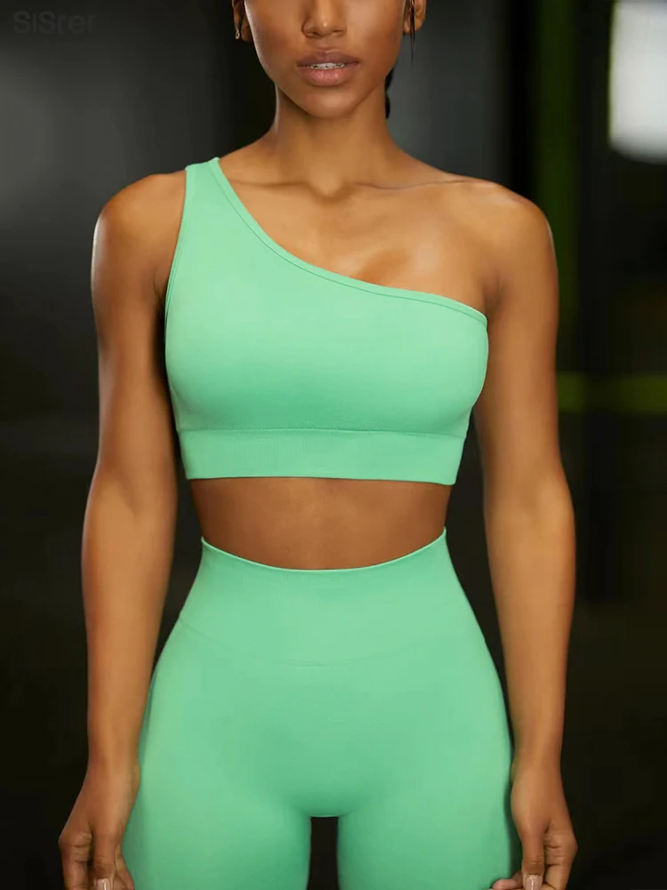 

Sisterlinda Sporty Seamless Women 2 Piece Tracksuit Set One Shoulder Chest Pad Tank Top+Biker Shorts Skinny Matching Outfits2022