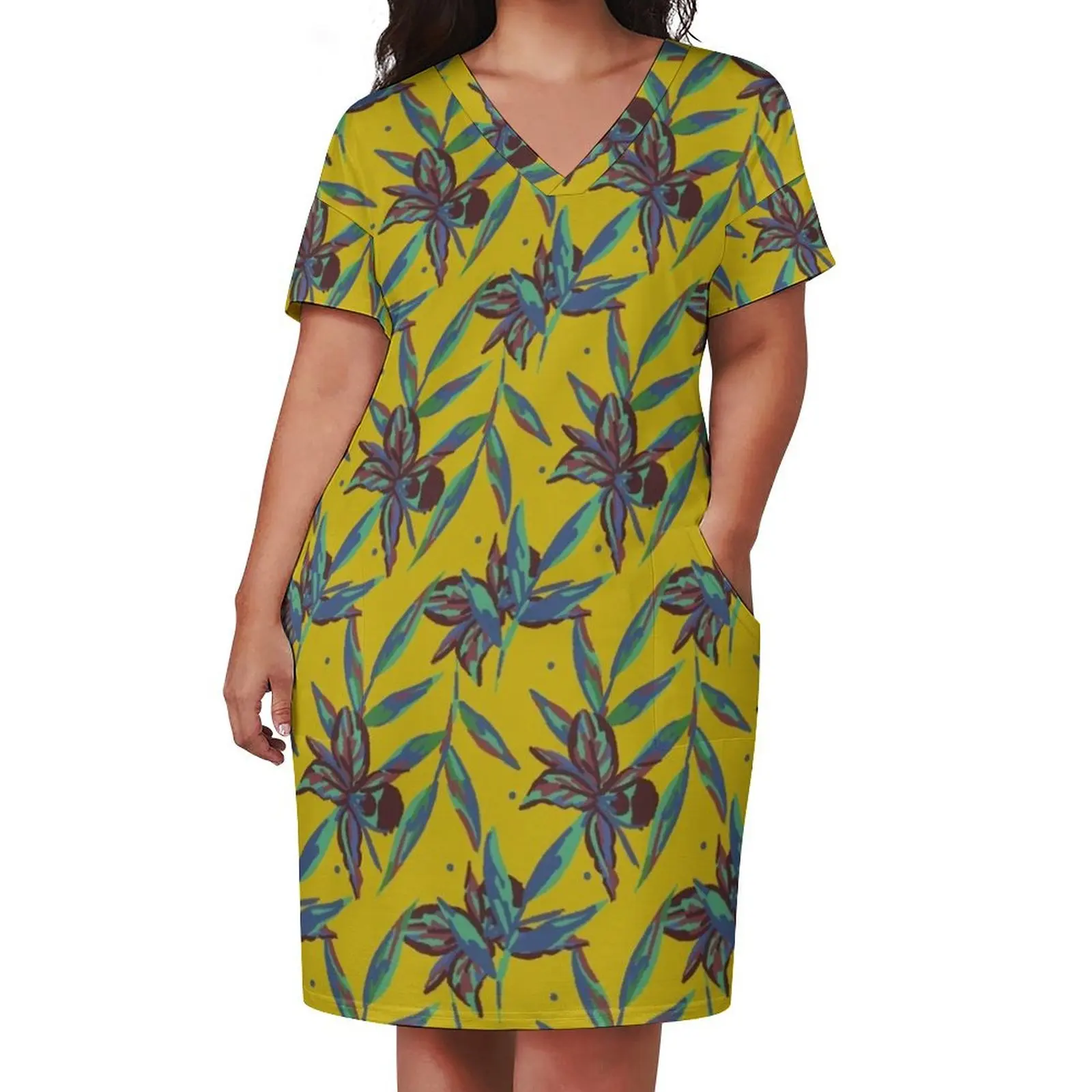 Мотив Таити экзотическое jaune moutarde украшение свободное карманное платье летнее