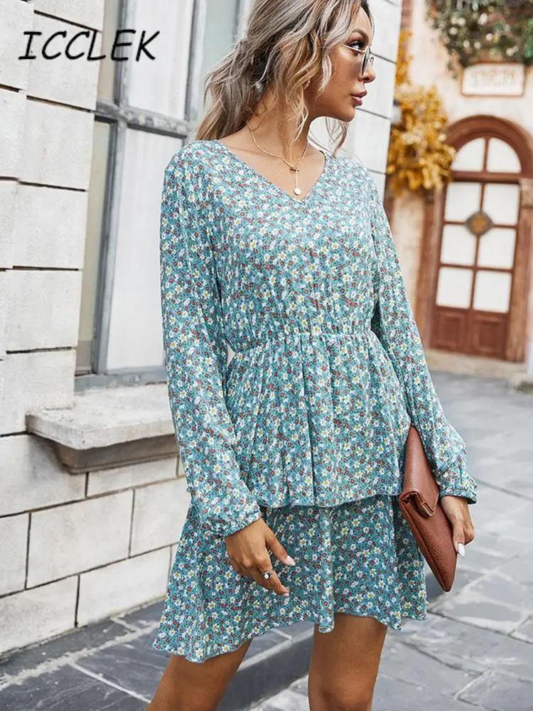 

Женские платья Icclek 2022, элегантное платье с цветочным принтом, V-образным вырезом, длинным рукавом, мини-платье Trafza, женские вечерние платья, р...