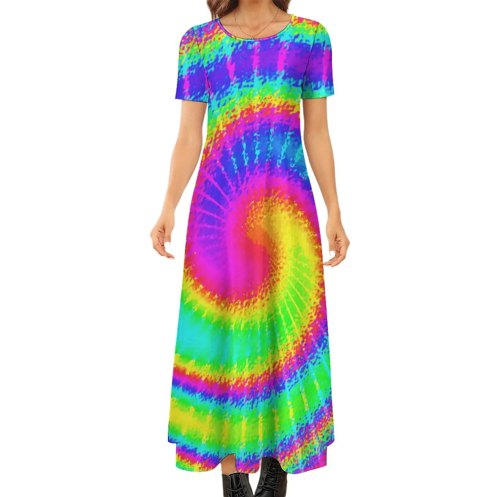 

Hippy Psychedelic Dress Retro 70s Tie Dye Vintage Maxi Dress Short Sleeve Funny Bohemia Long Dresses Print Oversize Vestidos