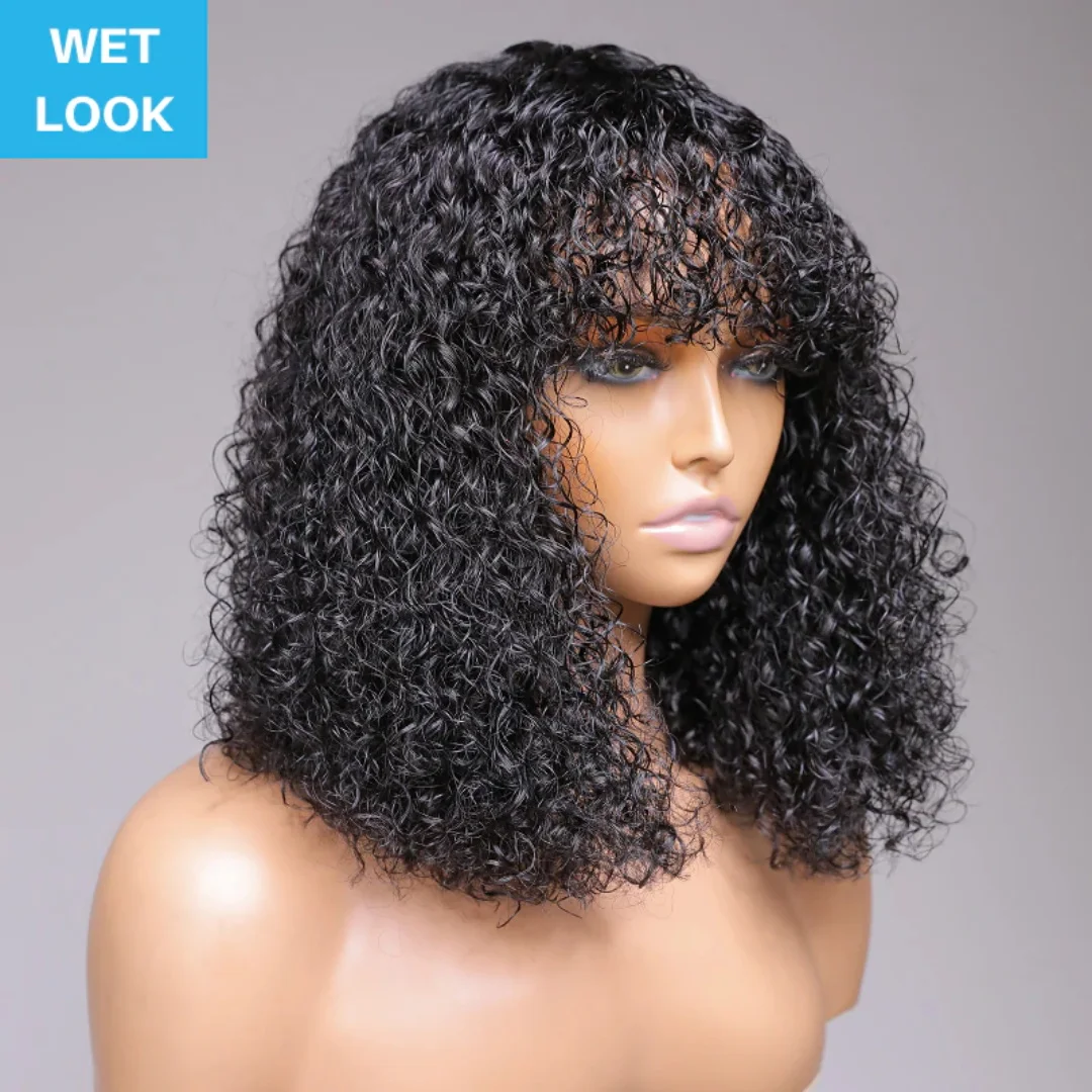 Bouncy Shaggy Bang Wig Short Curly Bob Wig With Bangs Brazilian Water Wave Wigs No Lace Curly Human Hair Full Machine Hair Wigs