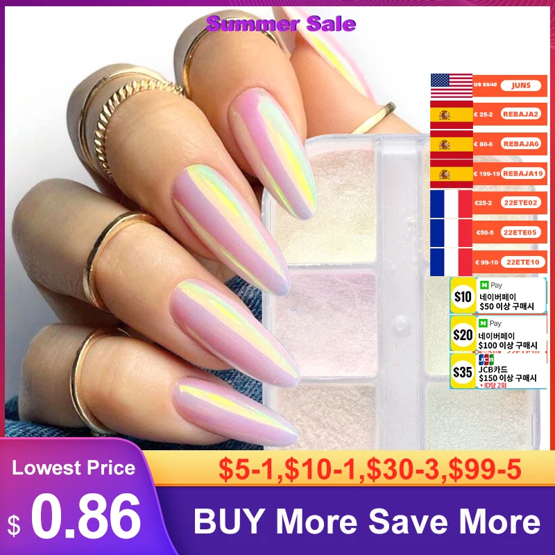6 Grids Nail Glitter Aurora Mirror Powder Pearl Shell Rubbing Pigment Soap Sparkly Charm Nails Art Design Accessory LA1909-12