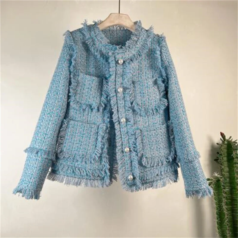 Tweed jackets womens fringed all-match slim coat spring and autumn new round collar long sleeve pink blue