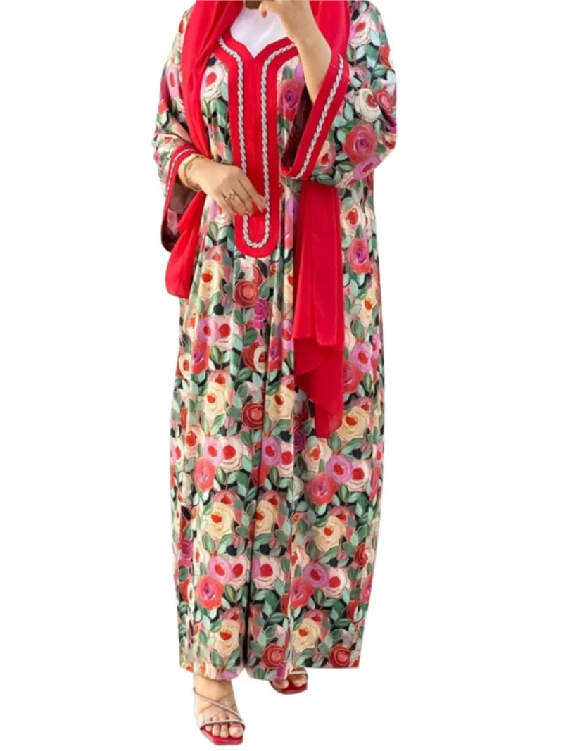 

Jalabiya Muslim Dress Women Full Sleeve Ankle Length Robes Autumn New Floral Print Elegant Islam Abaya Muslim Party Long Dress