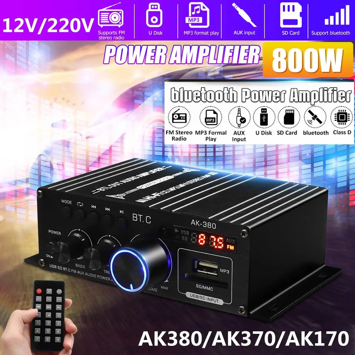 

AK380/AK370/AK170 800W Power Amplifier Audio Karaoke Home Theater Amplifier 2 Channel bluetooth Class D Amplifier USB SD AUX