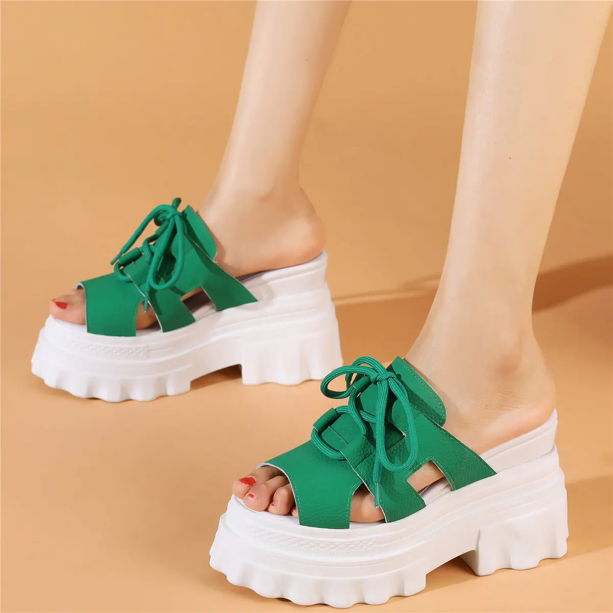 

Fashion Sneakers Women Lace Up Genuine Leather Wedges High Heel Gladiator Sandals Female Open Toe Platform Pumps Casual Shoes