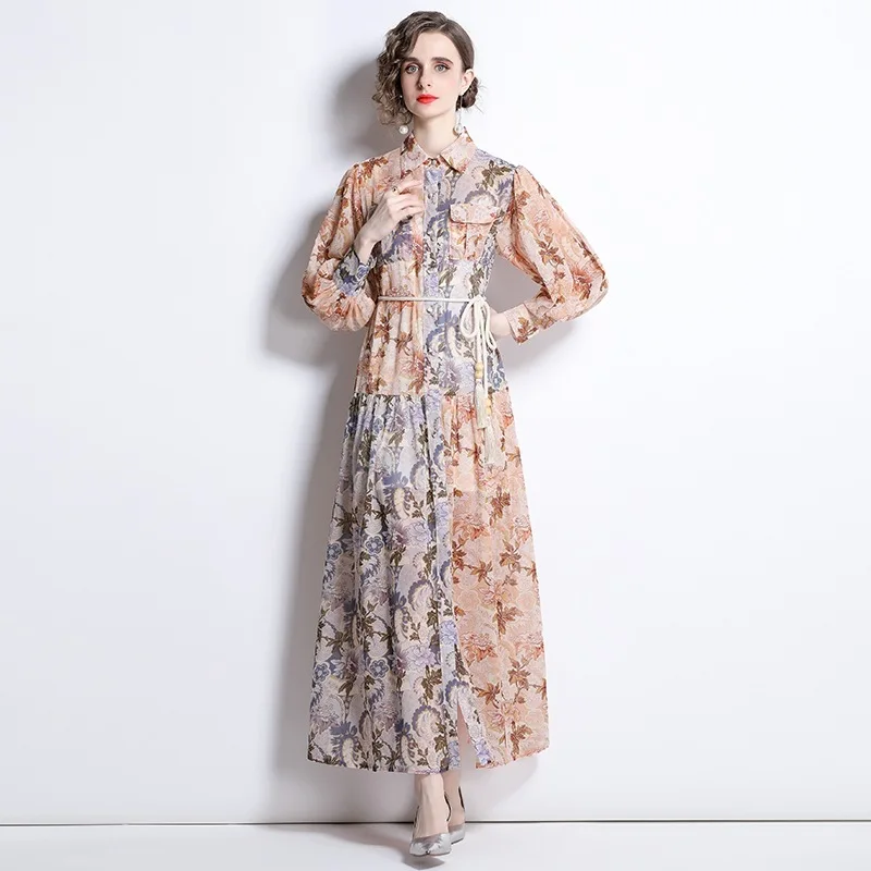 

Женское шифоновое платье с цветочным принтом, элегантное праздничное платье макси контрастных цветов с отложным воротником в богемном сти...