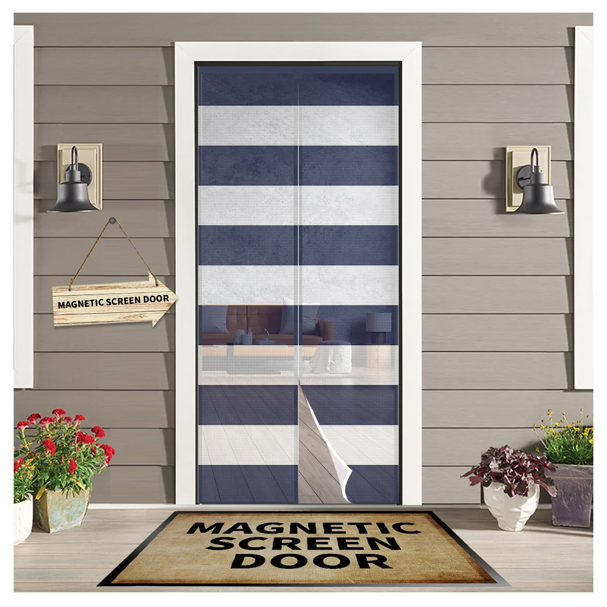 

Navy Blue White Stripes Summer Magnetic Anti-mosquito Screen Door Curtains Automatic Closing Kitchen Curtains Home