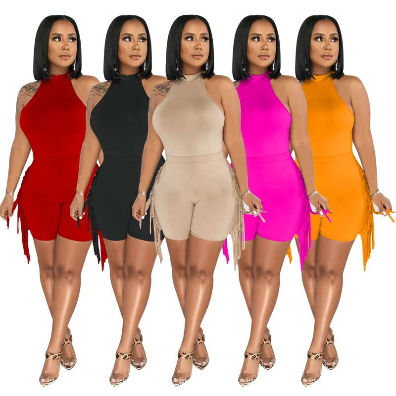 

Solid Tassel 2 Piece Sets Women Summer Tracksuits Tank Bodysuits Top High Waist Side Fringed Skinny Shorts Casual Beach Suits