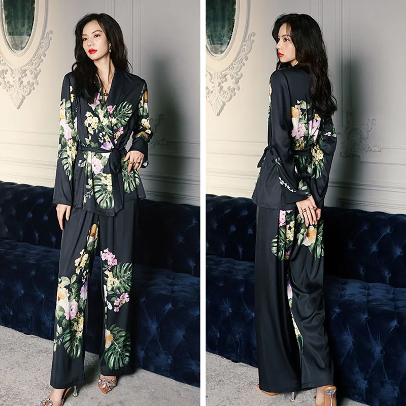 Women 2 Pieces Satin Silk Floral Printed Sleepwear Long Sleeve Surplice Top with Belt and Long Pants Pajamas Set