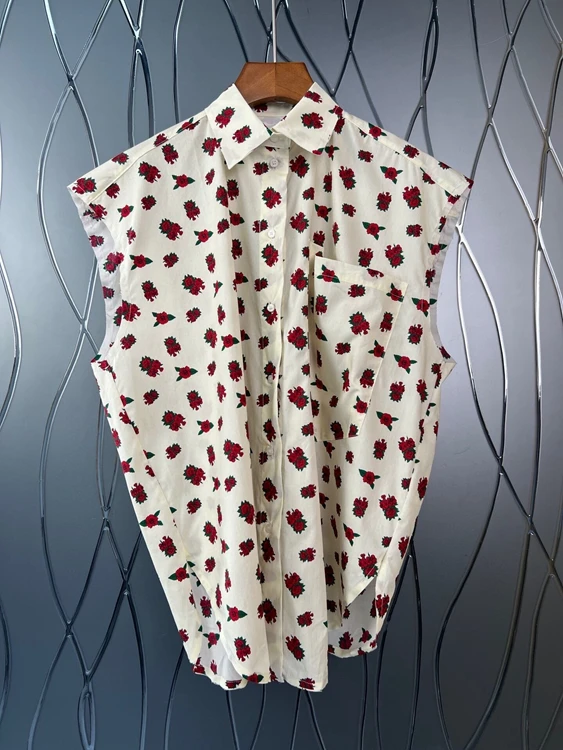 

2022 new women Fashion Print Pocket Round Hem Sleeveless Loose Casual Shirt Top 515