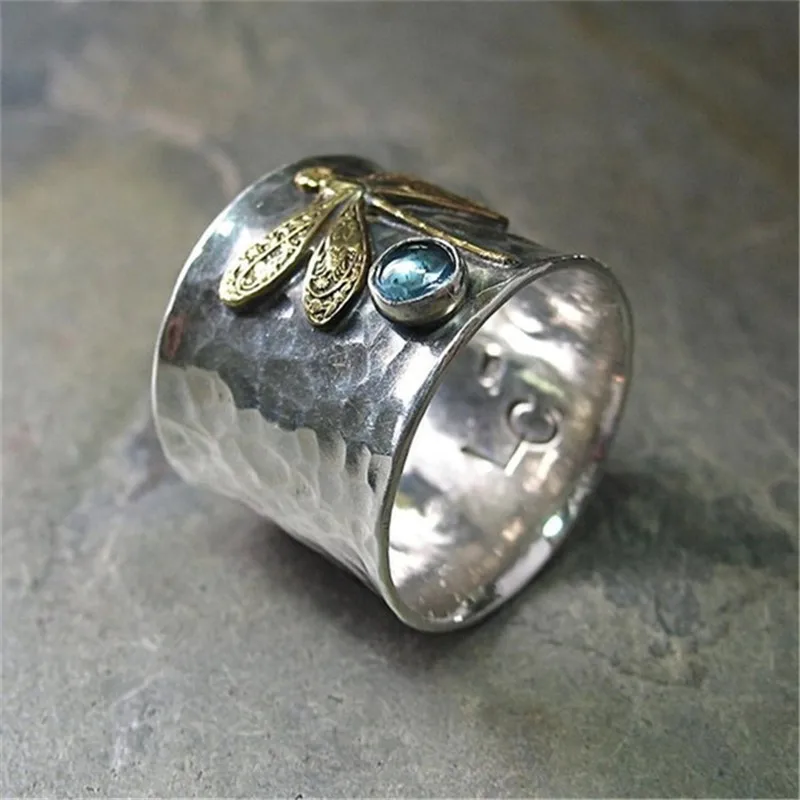 

Vintage Jewelry Women Aquamarine Dragonfly Ring Fashion Party Accessories