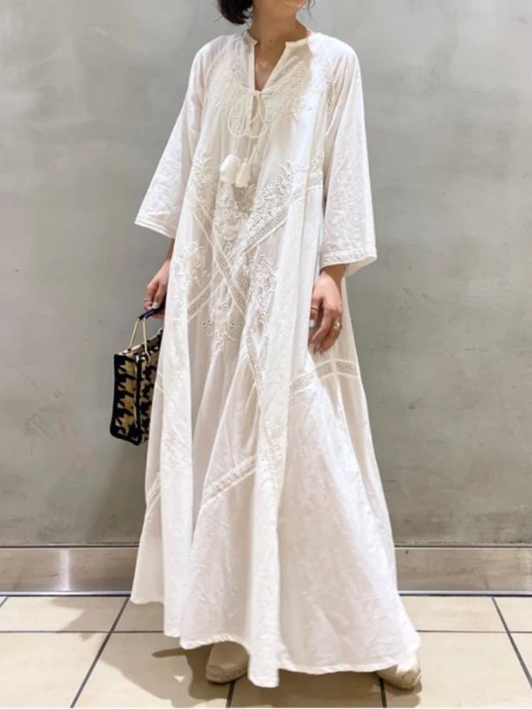

Summer White Dress Women Elegant Embroidery Lace Up V Neck Long Dresses Oversized Casual Loose Boho Holiday Beach Dress Vestidos
