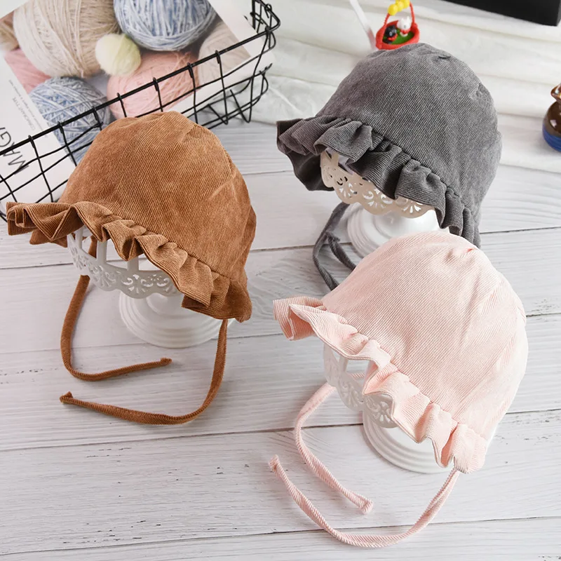 

Newborn Infant Corduroy Hats Solid Princess Caps Baby Girls Ruffle Bonnet Autumn Winter Kids Caps 3-8 Months