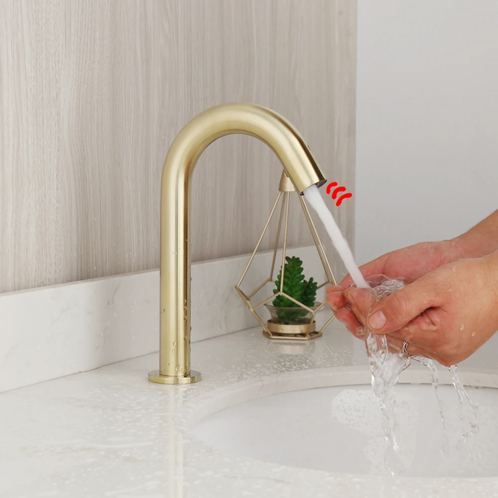 

YANKSMART Gold Nickel Bathroom Faucet Basin Sink Deck Mounted Free Touch Automatic Inflated Sensor Faucet Washbasin Water Tap