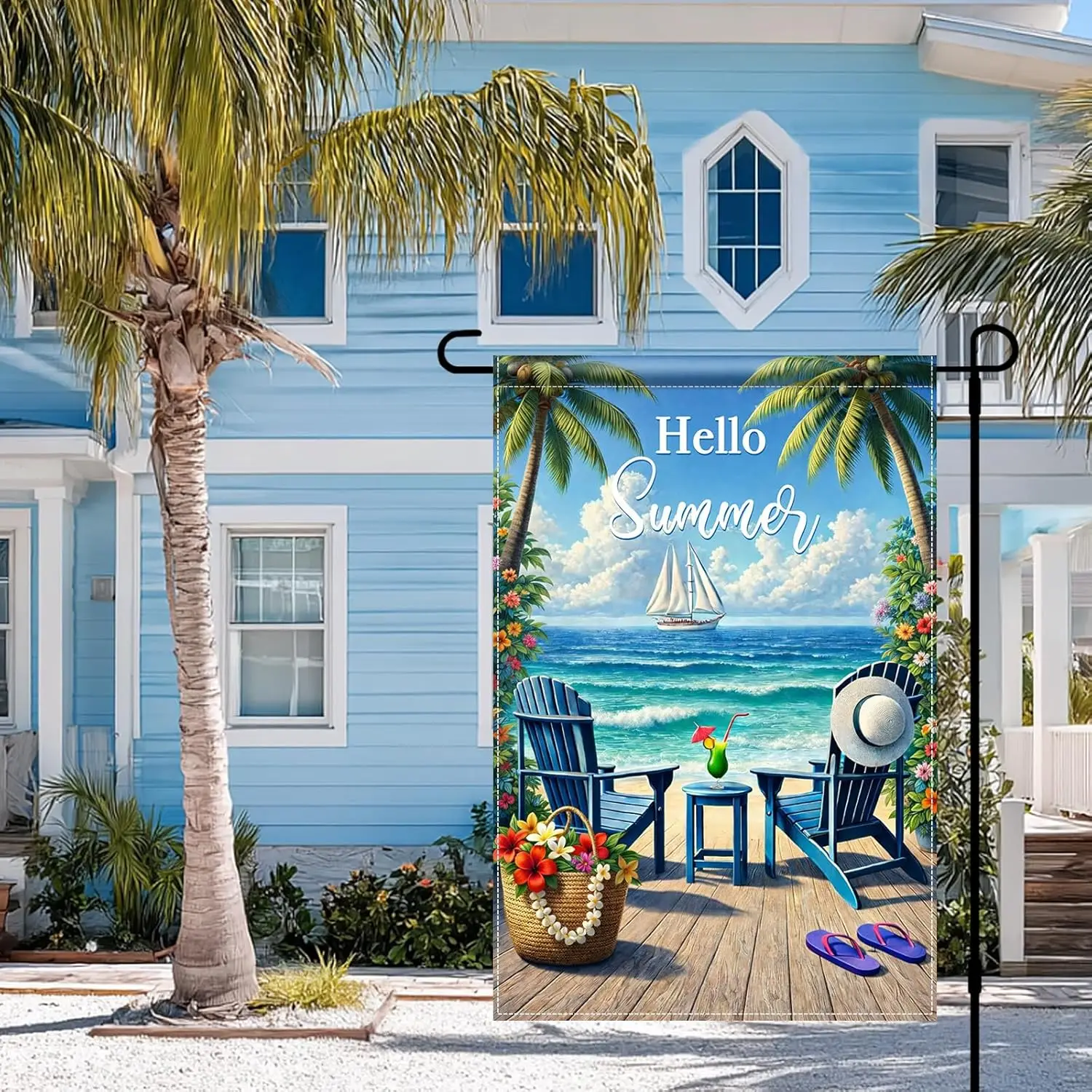 Фото Флаг BlissYard Hello Summer Coastal Garden 12x18, двусторонний, вертикальный, для улицы, с видом на пляж, океан, тропический патио, Y AAS №5