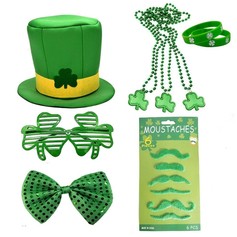 

Saint Patrick’s Day Accessories Kit Irish Festival Costume Set Shamrock Hat Bow Bead Chains Fake Beards for Holiday