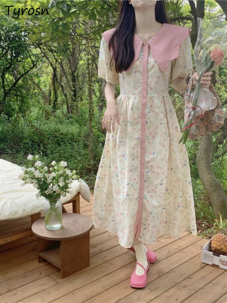 

Short Puff Sleeve Midi Dresses Women Floral Printed Buttons-up Patchwork Lace-up Lovely Peter Pan Collar Flattering Waist Summer