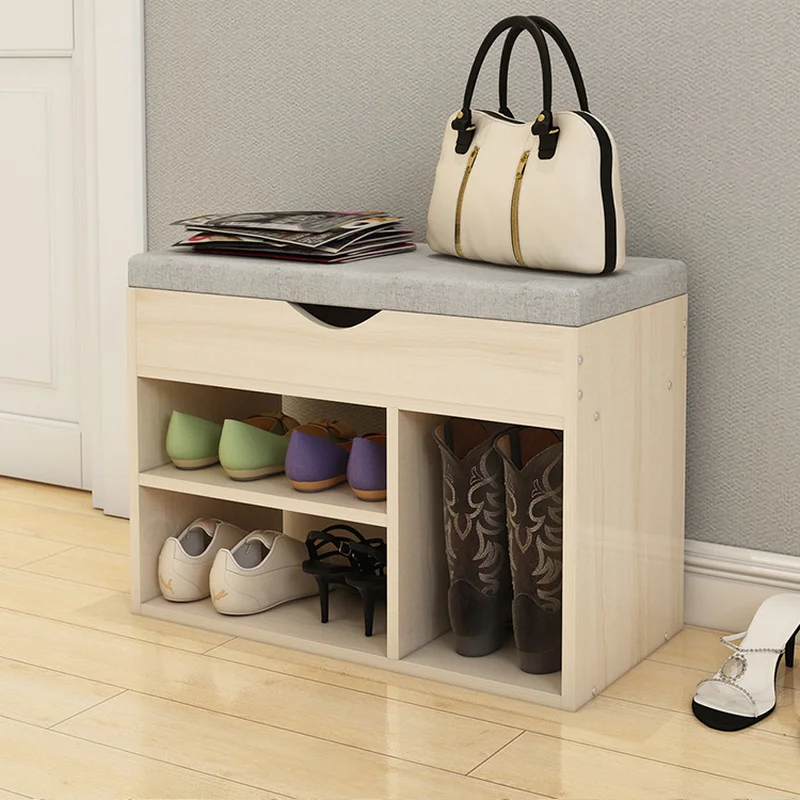 

Factory Promotion Natural Design Mdf Shoe Rack Cabinet with Cushion Cheap Seated Multi-function Household Shoe Changing Stool