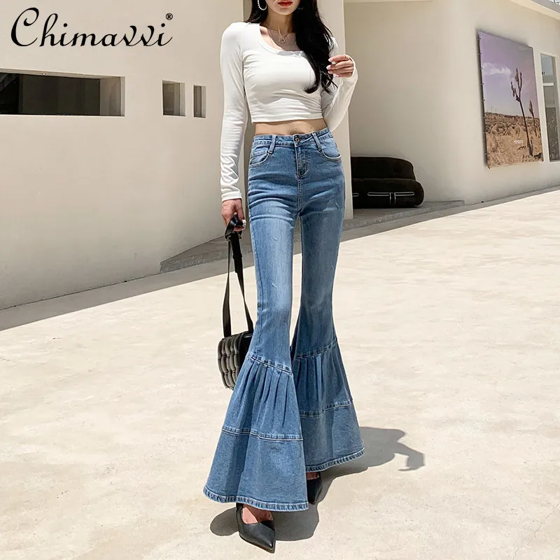 

Personalized Retro Big Flared Jeans for Women 2022 Spring New Fashion Slim Elegant Fishtail Stitching High Waist Bell-Bottoms